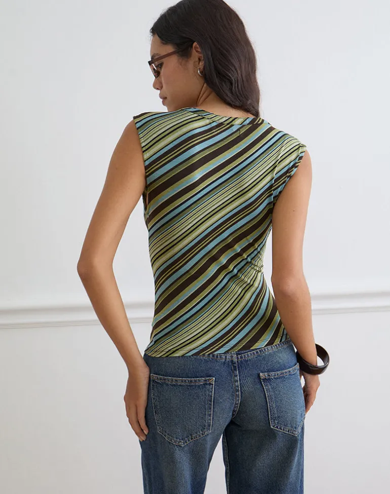 Emberly Plunge Top in Mixed Stripe Green