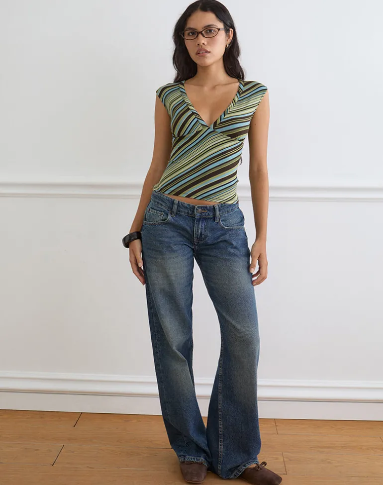 Emberly Plunge Top in Mixed Stripe Green