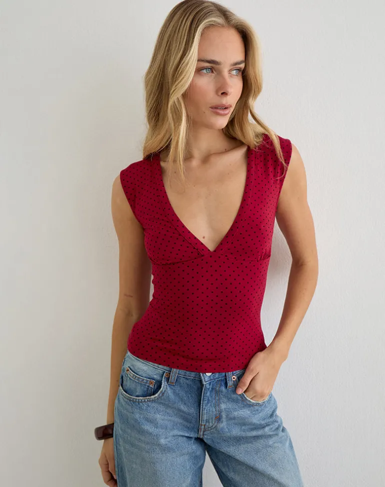 Emberly Plunge Top in Red with Micro Polka Black
