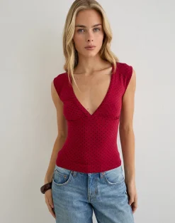 Emberly Plunge Top in Red with Micro Polka Black