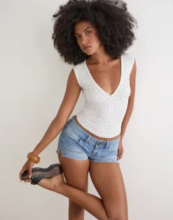 Emberly Plunge Top in White with Micro Polka Black