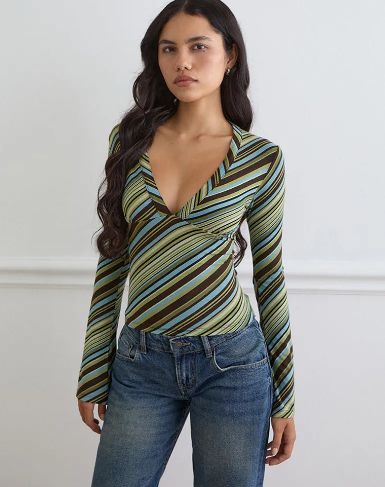Emesy Long Sleeve Top in Mixed Stripe Green