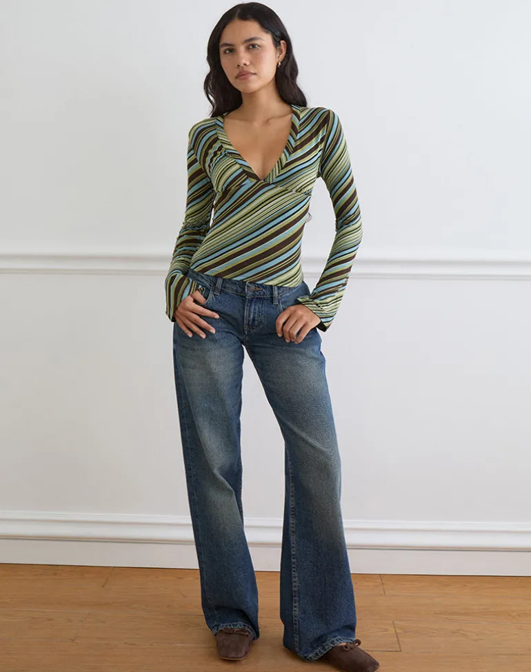 Emesy Long Sleeve Top in Mixed Stripe Green