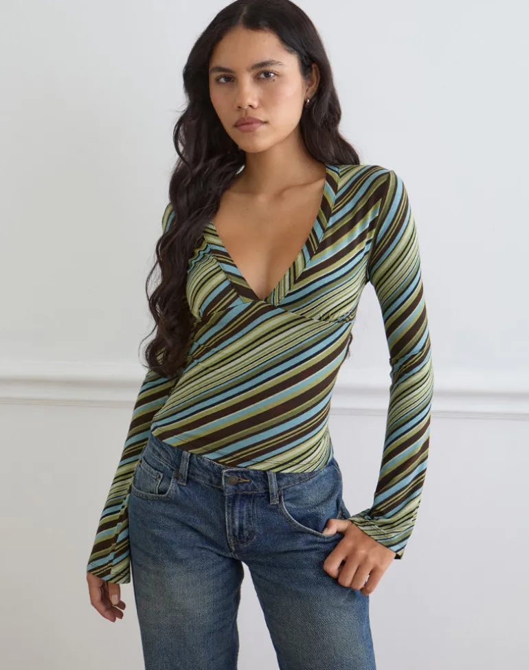 Emesy Long Sleeve Top in Mixed Stripe Green