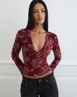 Emesy Long Sleeve Top in Outline Rose Marooon