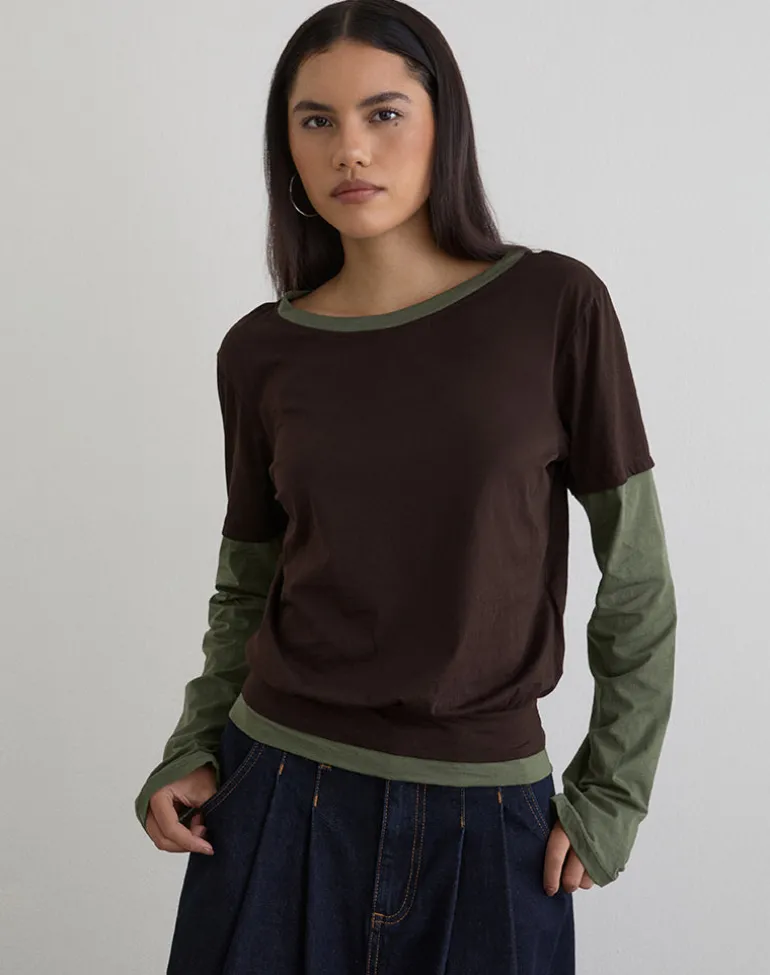 Enidy Long Sleeve Top in Jersey Chocolate and Khaki Combo