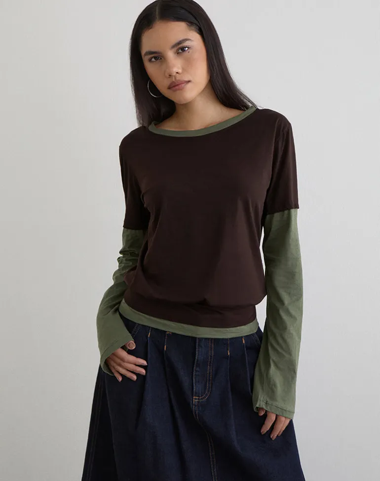 Enidy Long Sleeve Top in Jersey Chocolate and Khaki Combo