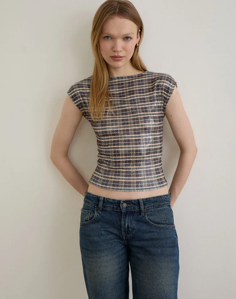 Erica Top in Sequin Vintage Check Brown