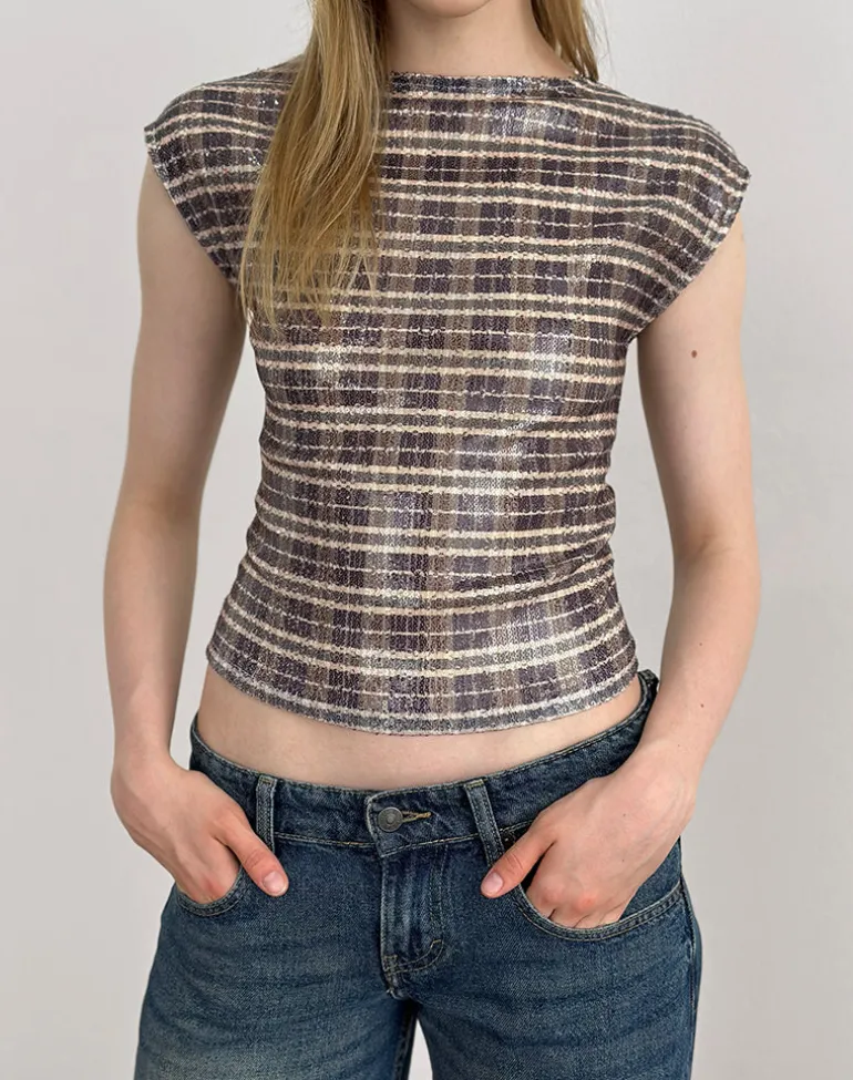 Erica Top in Sequin Vintage Check Brown