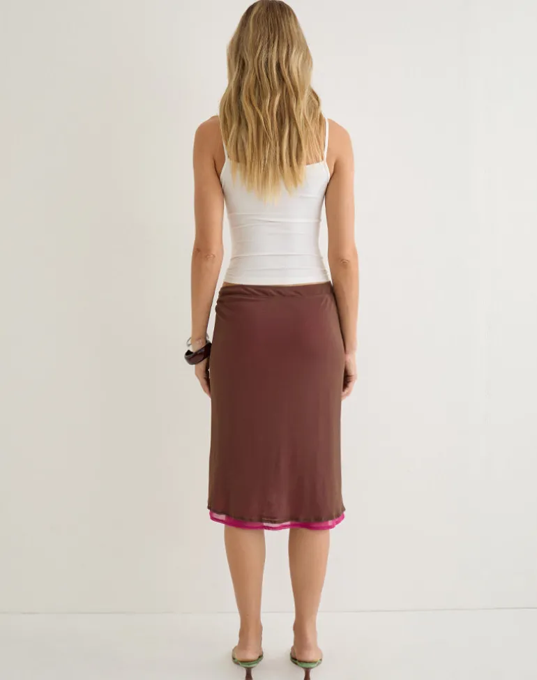 Erinhadi Midi Skirt in Mesh Brown with Hot Pink Lining