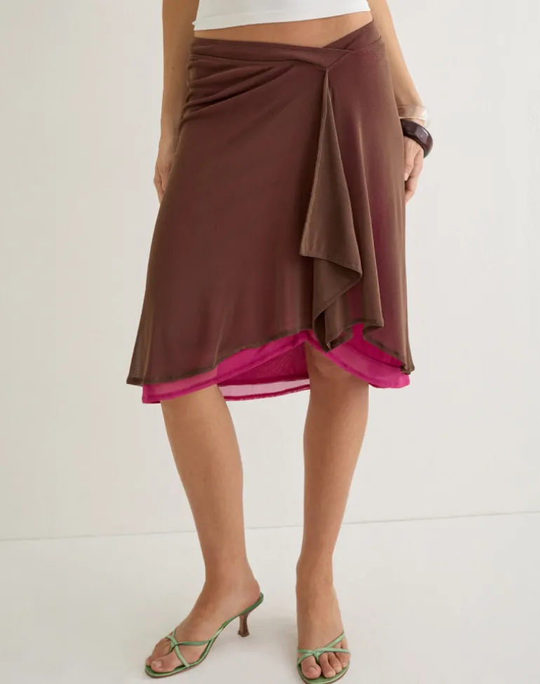 Erinhadi Midi Skirt in Mesh Brown with Hot Pink Lining