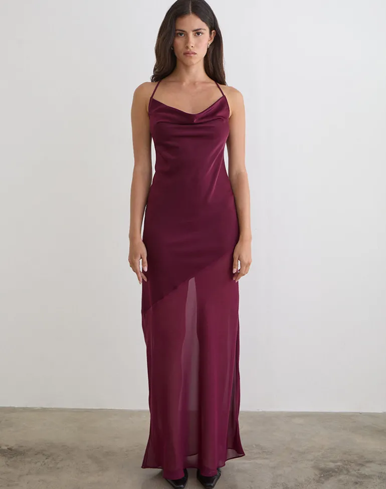 Eshara Maxi Dress in Chiffon Satin Burgundy