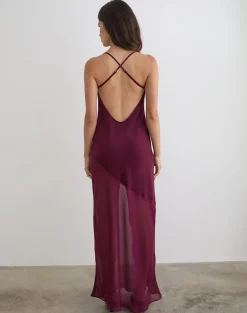 Eshara Maxi Dress in Chiffon Satin Burgundy
