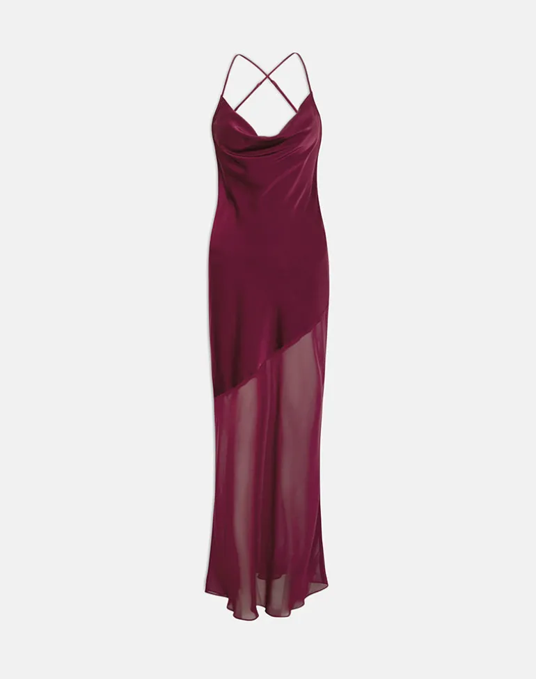 Eshara Maxi Dress in Chiffon Satin Burgundy