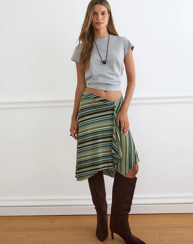 Esmeray Midi Skirt in Mixed Stripe Green