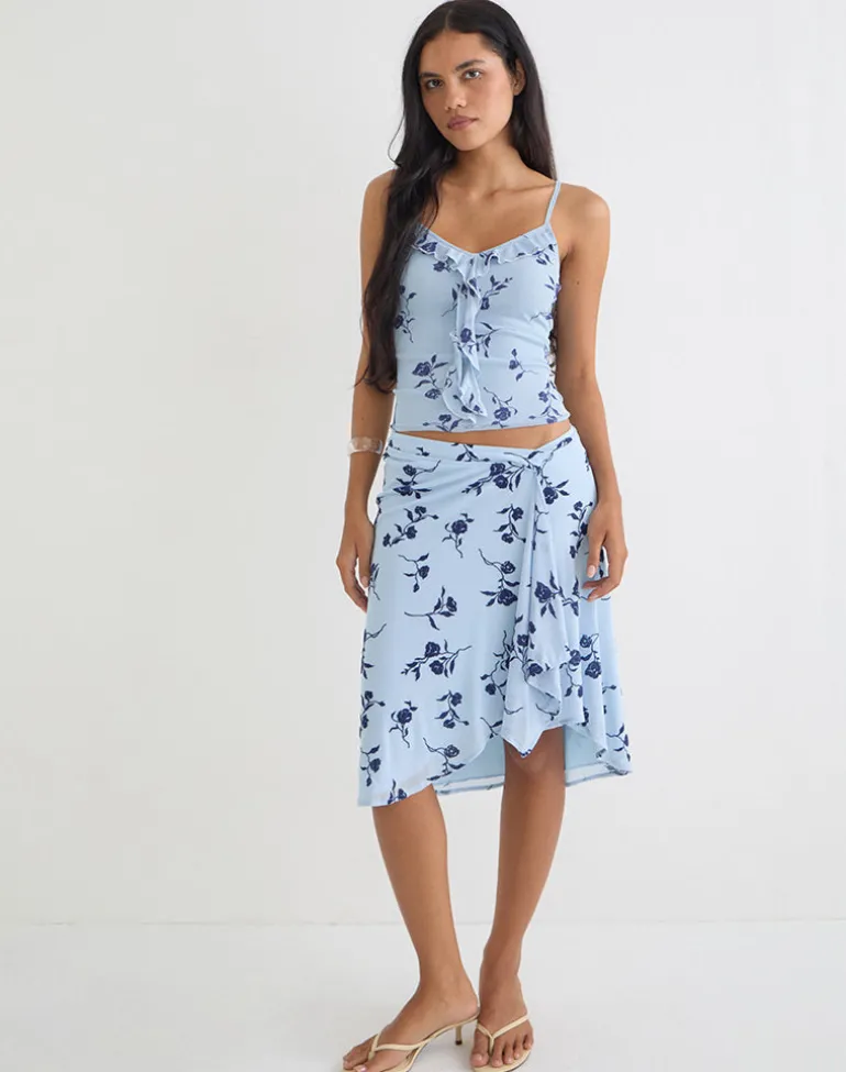 Esmeray Midi Skirt in Thin Leafy Blue