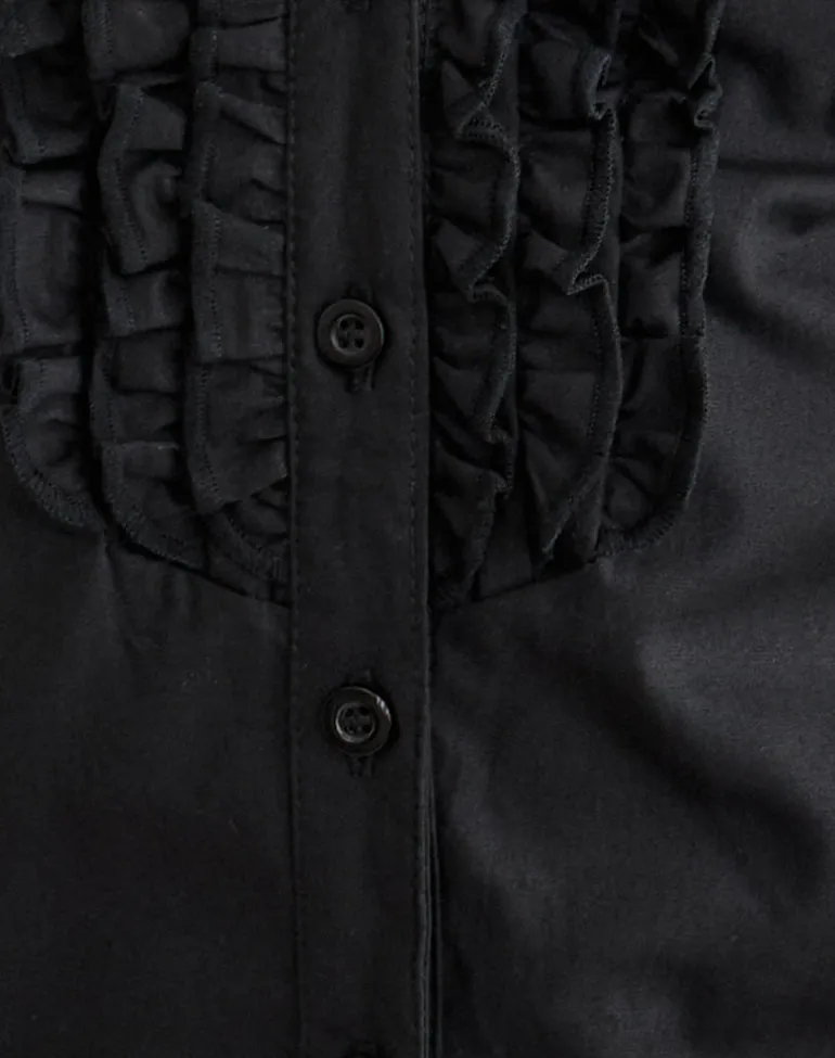 Estu Blouse with Centre Front Frill in Poplin Black