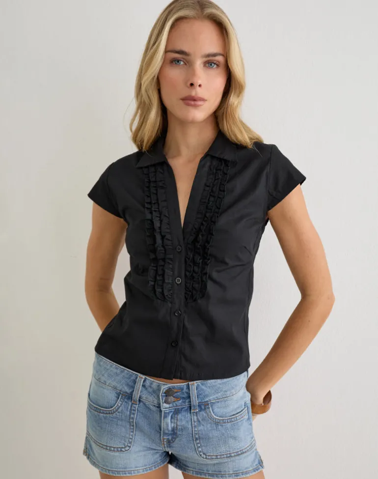 Estu Blouse with Centre Front Frill in Poplin Black
