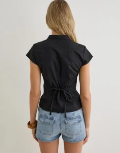 Estu Blouse with Centre Front Frill in Poplin Black
