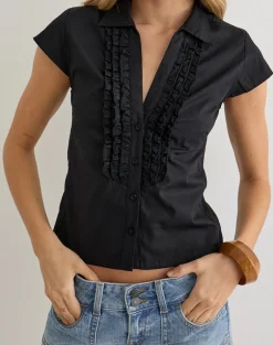 Estu Blouse with Centre Front Frill in Poplin Black