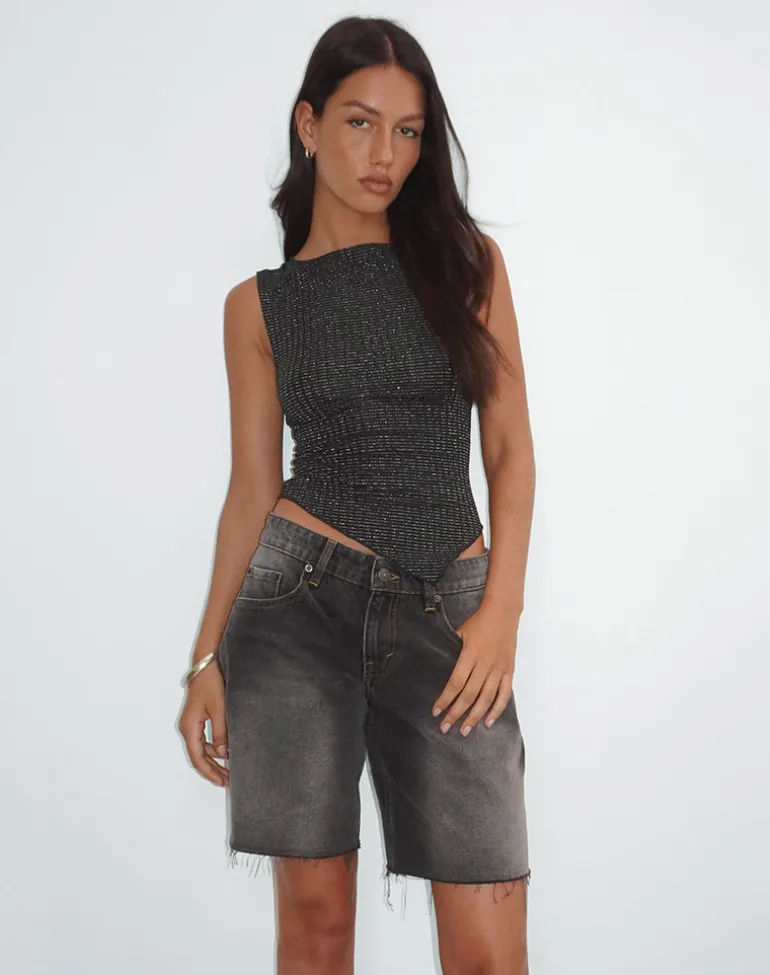 Etta Vest Top in Metallic Stripe Jersey Black