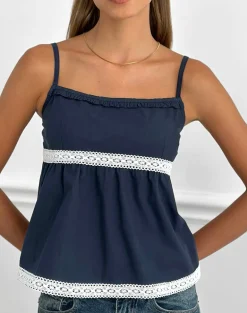 Evren Cami Top in Dark Navy with Lace Trim