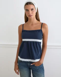 Evren Cami Top in Dark Navy with Lace Trim