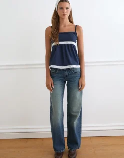 Evren Cami Top in Dark Navy with Lace Trim