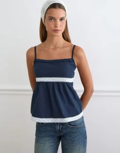 Evren Cami Top in Dark Navy with Lace Trim