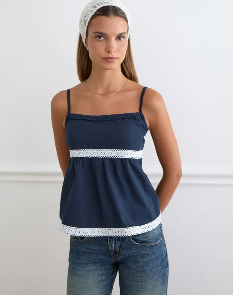 Evren Cami Top in Dark Navy with Lace Trim
