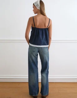 Evren Cami Top in Dark Navy with Lace Trim