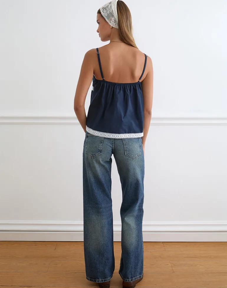 Evren Cami Top in Dark Navy with Lace Trim