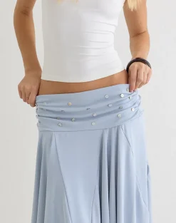 Faliha Midi Skirt in Lyocell Dusty Blue with Pearl Buttons