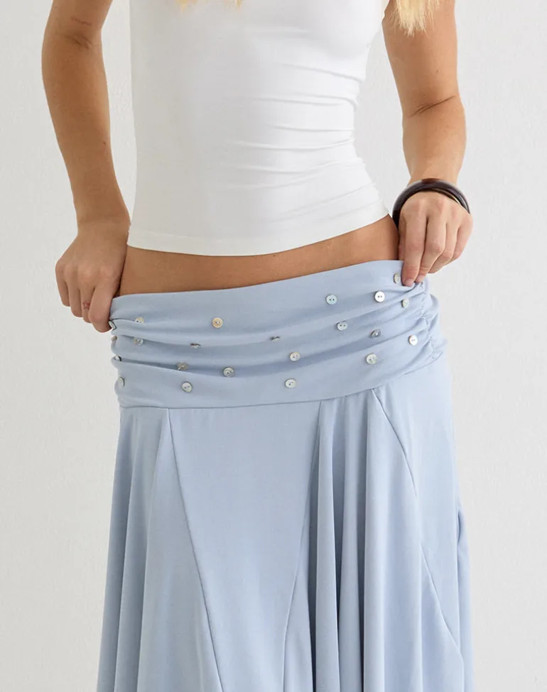 Faliha Midi Skirt in Lyocell Dusty Blue with Pearl Buttons