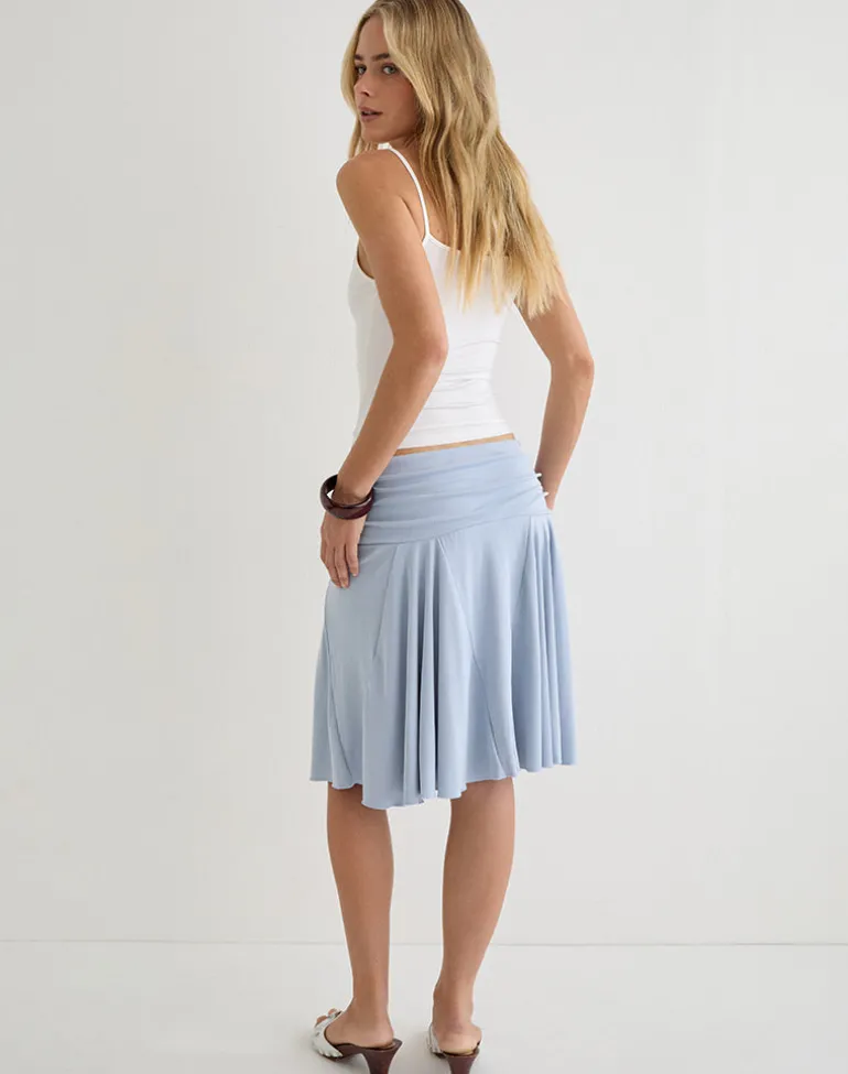 Faliha Midi Skirt in Lyocell Dusty Blue with Pearl Buttons