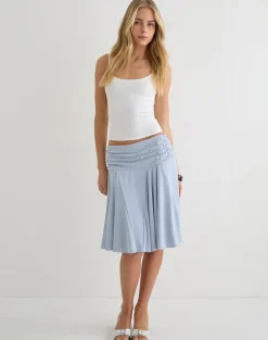Faliha Midi Skirt in Lyocell Dusty Blue with Pearl Buttons