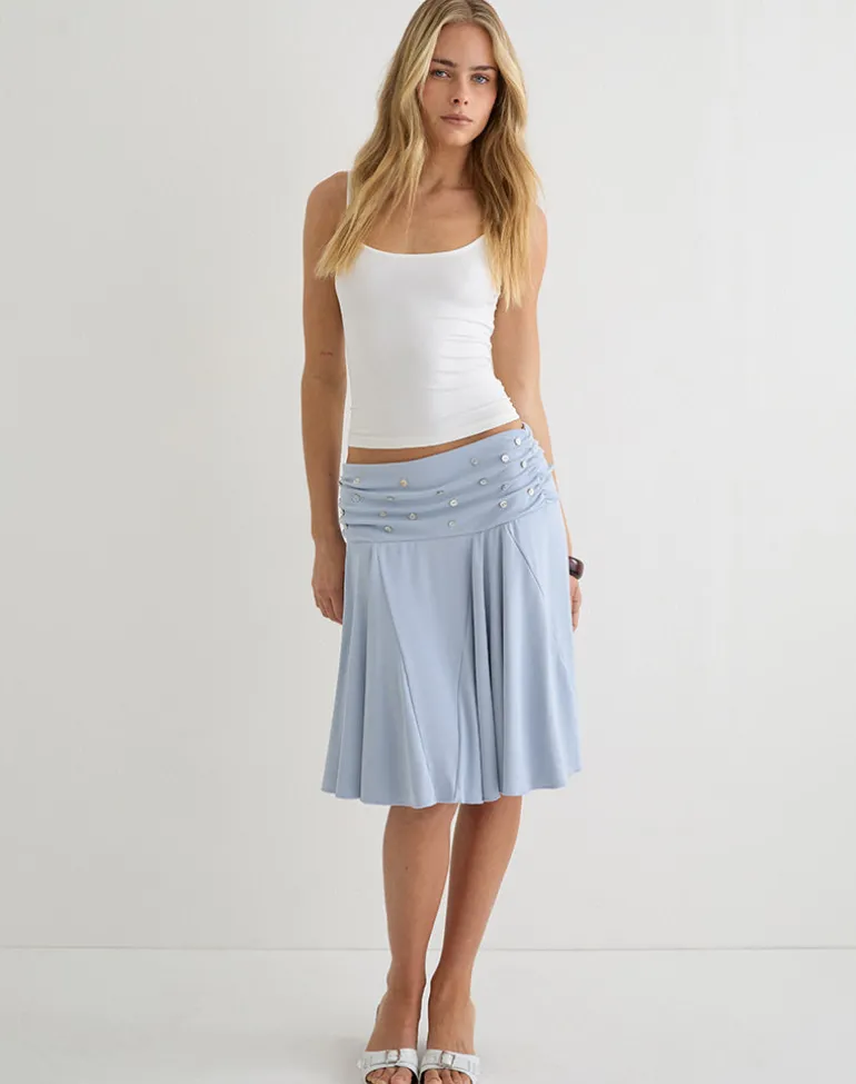 Faliha Midi Skirt in Lyocell Dusty Blue with Pearl Buttons