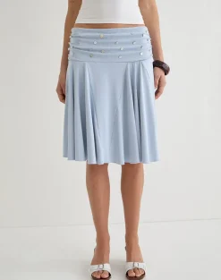 Faliha Midi Skirt in Lyocell Dusty Blue with Pearl Buttons