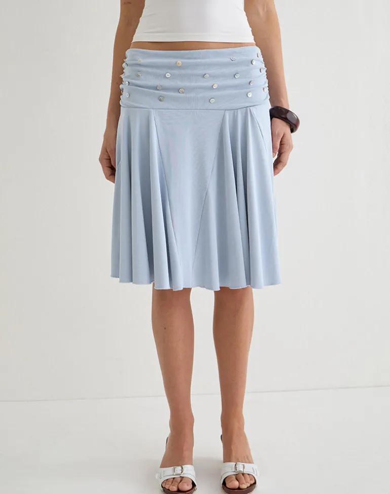 Faliha Midi Skirt in Lyocell Dusty Blue with Pearl Buttons