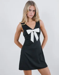 Faradiba Mini Dress in Satin Black with Ivory Bow