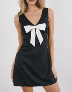 Faradiba Mini Dress in Satin Black with Ivory Bow