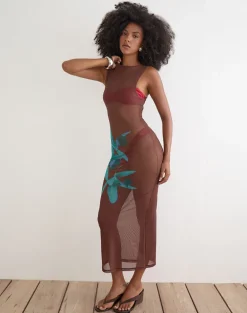 Fay Midi Dress in Brown with Blue Desert Rose