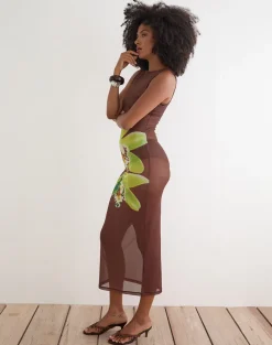 Fay Midi Dress in Brown with Green Dendrobium Flower