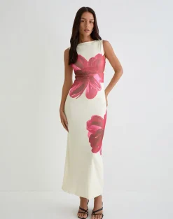 Fayola Printed Maxi Dress in Cream with Red Watercolour Flower