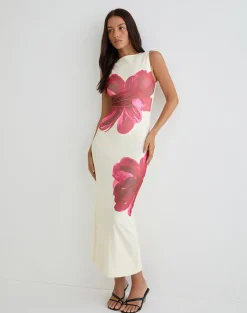 Fayola Printed Maxi Dress in Cream with Red Watercolour Flower