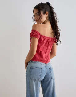 Fayra Bardot Corset Top in Cotton Dobby Red