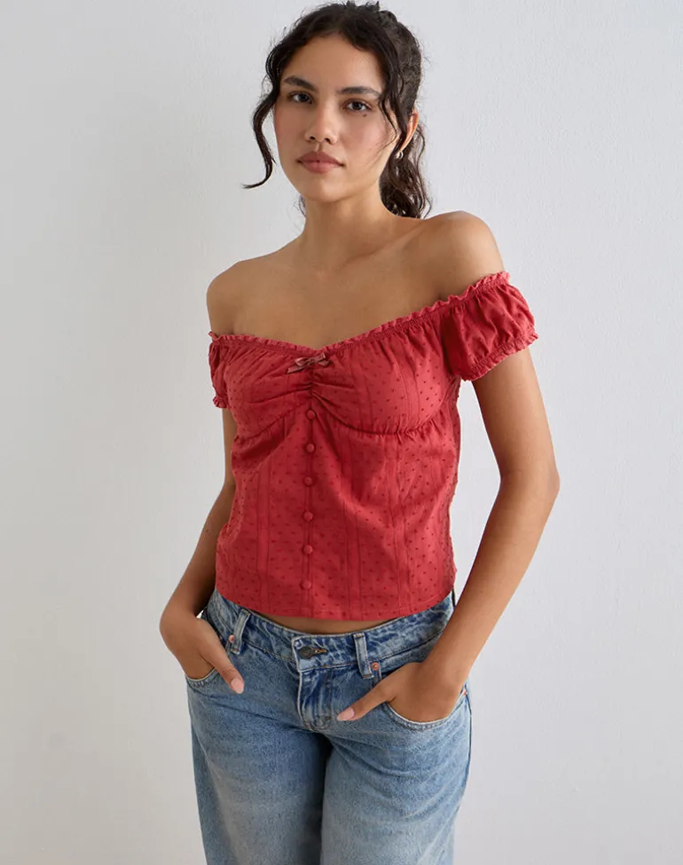 Fayra Bardot Corset Top in Cotton Dobby Red