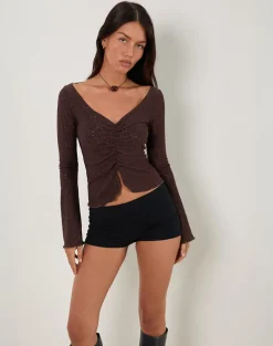 Flonne Ruched Top in Stretch Broderie Brown