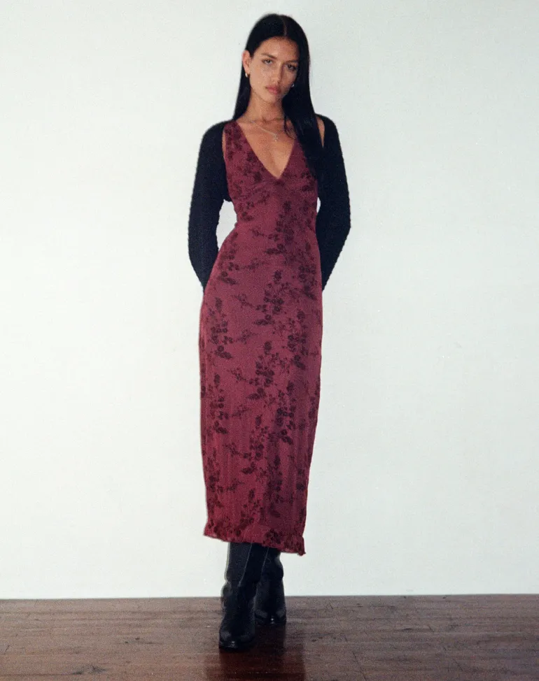 Gabriela Midi Dress in Botanical Flower Maroon