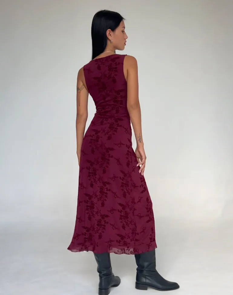 Gabriela Midi Dress in Botanical Flower Maroon